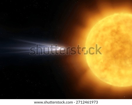 Comet close to the sun in space. Comet's nucleus evaporates near the star. Celestial body in the solar system.