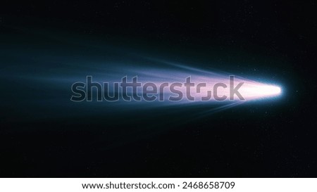Comet isolated on a black background. Large celestial body. Glowing tail of a comet. Astrophotography of a meteor.