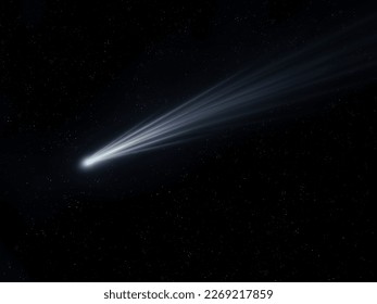 A comet with a long tail approached the sun. The glow of evaporating gas around a comet during its flight near a star. Astrophotography of a celestial body.