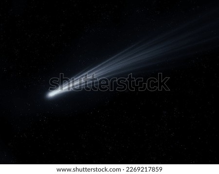 A comet with a long tail approached the sun. The glow of evaporating gas around a comet during its flight near a star. Astrophotography of a celestial body.
