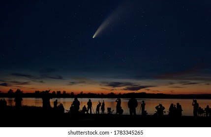 Comet Neowise And Crowd Of People Silhouetted By The Ottawa River Watching And Photographing The Comet