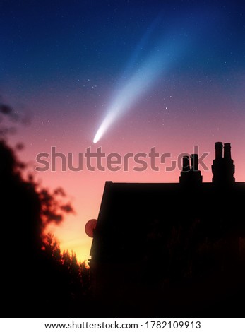 Comet Neowise and its gas and dust tails in the night sky after sunset. Photo composite.