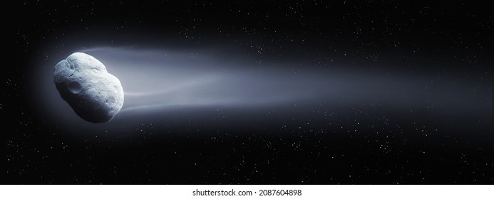 Comet Nucleus And A Long Tail Of Gas And Dust. Surface Of A Large Comet Flying Against The Background Of Stars In The Night Sky. 