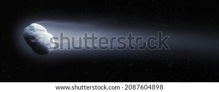 Comet nucleus and a long tail of gas and dust. Surface of a large comet flying against the background of stars in the night sky. 