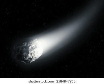 Comet nucleus in space with stars. Comet surrounded by gas tail. Astrophotography of a celestial body.
