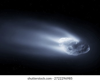 Comet nucleus in space. Surface of a large comet illuminated by the sun. Celestial body in the solar system.