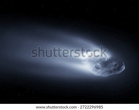 Comet nucleus in space. Surface of a large comet illuminated by the sun. Celestial body in the solar system.