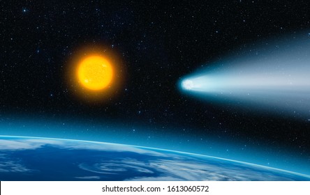 Comet On The Space With Sun 