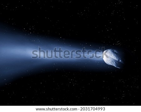 Comet tail, glowing comet flies in space against the background of stars.