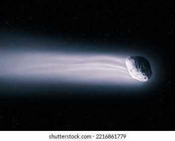 Comet Tail And Nucleus, Large Comet Flies In Space Against The Background Of Stars.