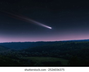 Comet tail in the sky, night landscape. Comet surrounded by stars over hills. Astrophotography of a celestial body.