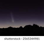 Comet Tsuchinshan-ATLAS with starry trail over Minaret Vista in the Sierra Nevada mountains.