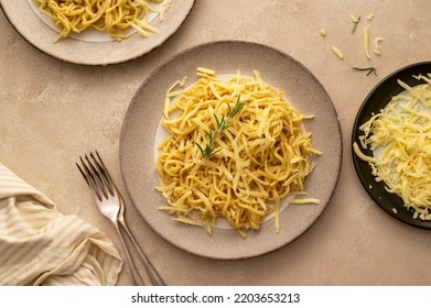 Comfort Food. Pasta With Cheese, Homemade Noodles Or Spaghetti With Butter
