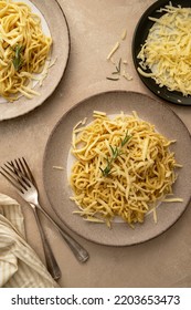 Comfort Food. Pasta With Cheese, Homemade Noodles Or Spaghetti With Butter