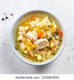 Comfort Foos, Slow Cooker Pork Vegetable Soup. Top View, Copy Space, Flat Lay.