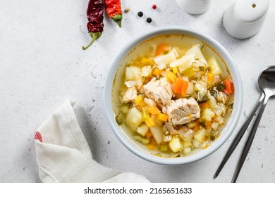 Comfort Foos, Slow Cooker Pork Vegetable Soup. Top View, Copy Space, Flat Lay.