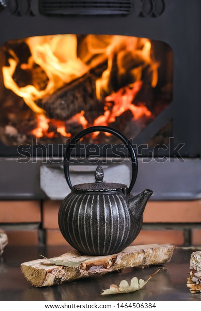 Comfort Interior Closed Burning Fireplace Composition Stock Photo