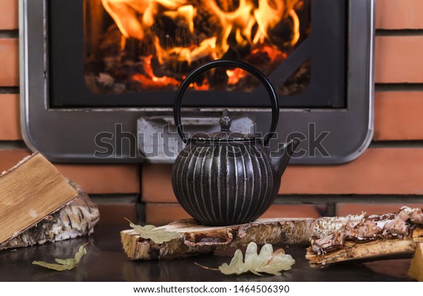 Comfort Interior Closed Burning Fireplace Composition Stock Photo