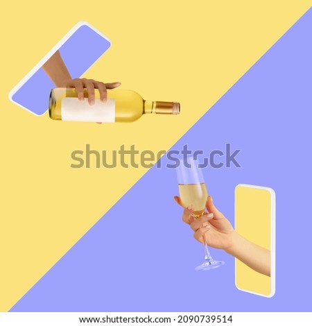Comfort and safety. Contemporary art collage. Two hands sticking out phone screen and pouring wine into glass isolated on yellow lilac background. Concept of online, celebration, holiday.