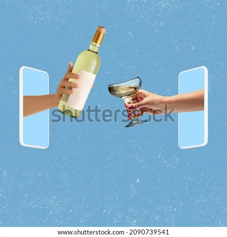 Comfort and safety. Contemporary art collage. Two hands sticking out phone screen and pouring wine into glass isolated over yellow background. Concept of social gathering online, celebration, holiday.