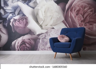 Comfortable Armchair Near Wall With Floral Wallpaper, Space For Text. Stylish Living Room Interior