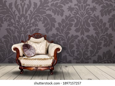 Comfortable Armchair Near Wall With Floral Wallpaper. Stylish Living Room Interior