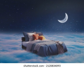A comfortable bed for sleeping in clouds - Shutterstock ID 2120834093