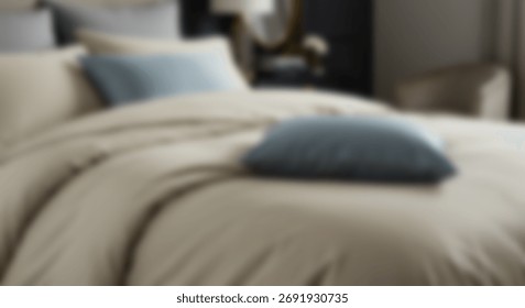 Comfortable bedding ensemble featuring neutral tones and contrasting accent cushions creates a restful bedroom scene