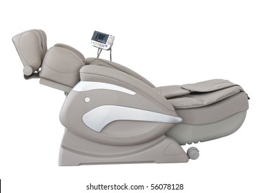 Comfortable Beige Leather Massage Chair. In Extreme Reclined Position For Zero Gravity Experience And Massage Therapy. With Shiatsu, Tapping And Kneading Massage.