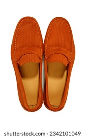 comfortable driver's shoes, classic orange color moccasins made of soft suede with perforations, top view