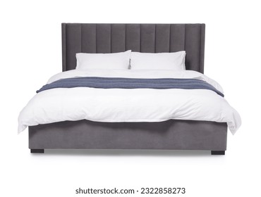 Comfortable gray bed with linens on white background