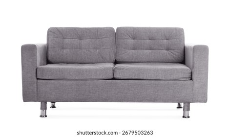 Comfortable gray sofa isolated on white. Used stuff