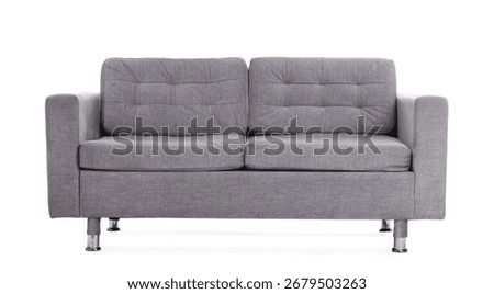 Comfortable gray sofa isolated on white. Used stuff