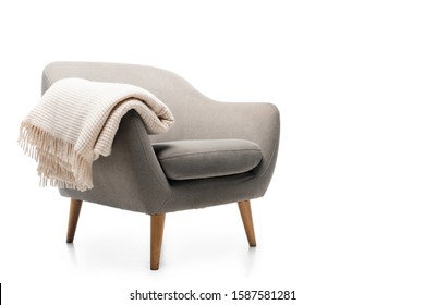 Comfortable Grey Modern Armchair With Blanket Isolated On White