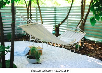  Comfortable Hammock Hanging Hanging On Tree In Summer Garden. Cozy Hygge Place For Weekend Relax In Yard.  Cozy Exterior Backyard. Hammock In Boho Style Hanging On Tree. Concept Of Recreation Outdoor