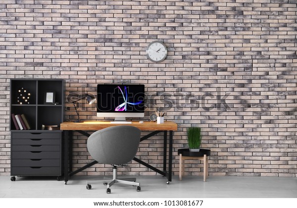 Comfortable Home Workplace Computer On Desk Interiors Stock Image