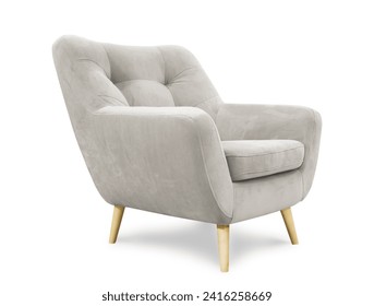 Comfortable light grey armchair isolated on white background. Interior design element