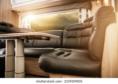 Comfortable Luxury RV Motorhome Dinette Area. Recreational Vehicle Interior Design. RV Industry Theme.