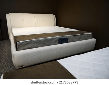 Comfortable Modern Stylish Velour Double Beds With Orthopedic Hard Mattresses, Displayed In The Showroom Of A Furniture Design Store