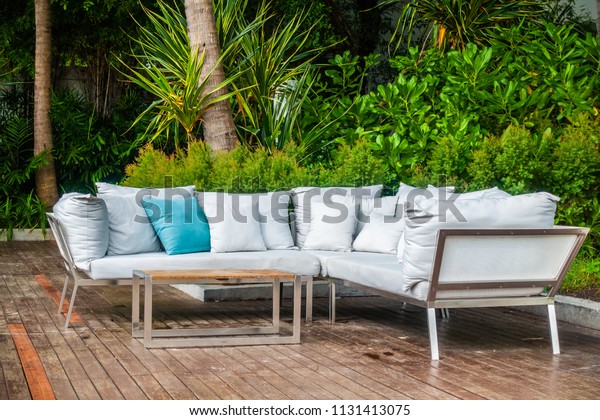 Comfortable Pillow On Sofa Decoration Outdoor Stock Photo Edit