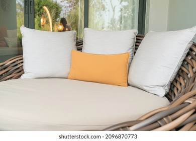 Comfortable Pillows On Outdoor Patio Wicker Sofa