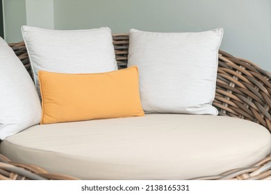 Comfortable Pillows On Outdoor Patio Wicker Sofa