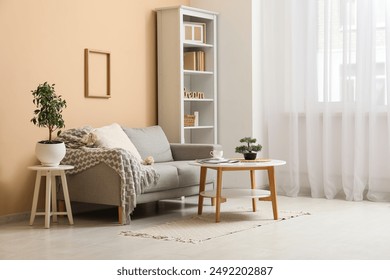 Comfortable sofa with plaid, cushions and coffee table with magazine and plant in living room