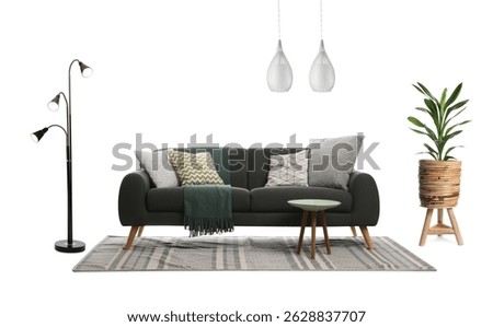 Comfortable sofa, side table, green house plant, floor lamp and pendant lights on white background. Interior design