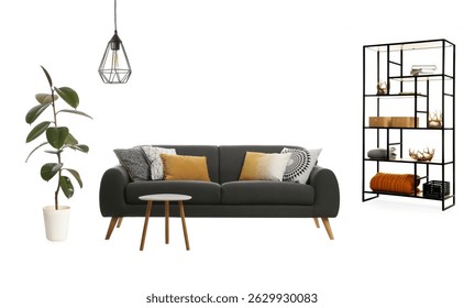 Comfortable sofa, side table, shelving unit, green house plant and pendant light on white background. Interior design