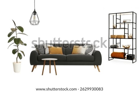 Comfortable sofa, side table, shelving unit, green house plant and pendant light on white background. Interior design