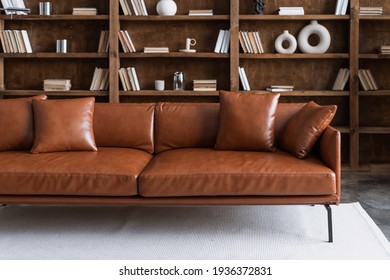 Comfortable sofa standing in library against collections books on bookshelves. Brown leather couch standing in living room with modern interior design and home decor
