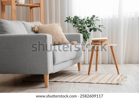 Comfortable sofa and table with books in interior of living room