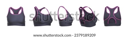 Comfortable sportswear. Collage with sports bra on white background, different sides