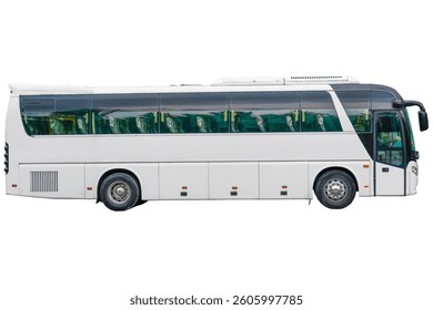 Comfortable tourist bus, international passenger transportation. White clear color passenger bus side view, isolated on white background.